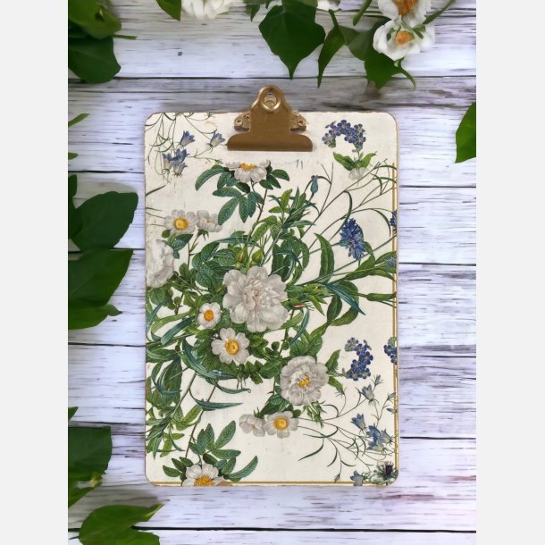 Clipboard decoupage hvide/bl blomster